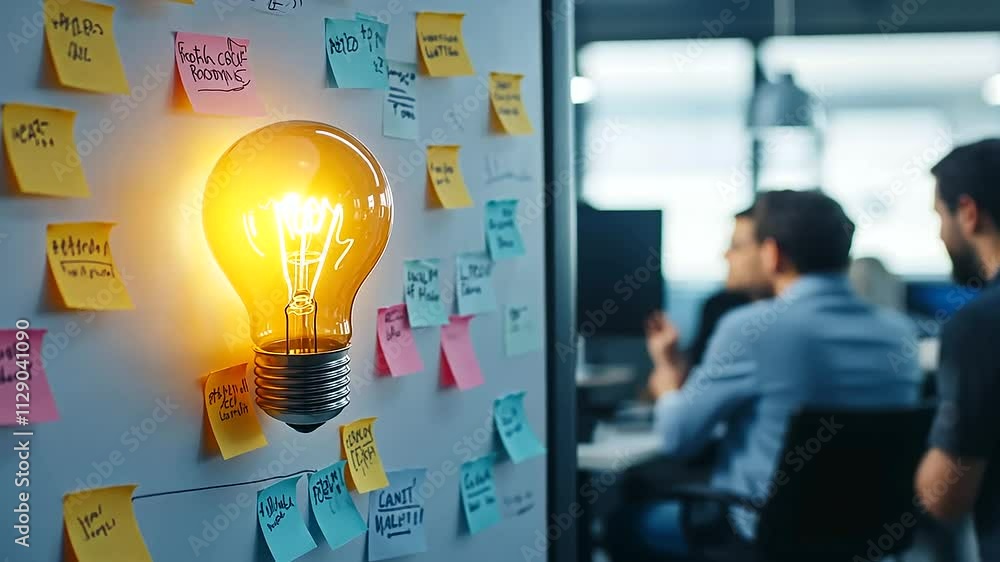 Poster on a whiteboard, a large yellow light bulb sketch is encircled by sticky notes in various colors, ea
