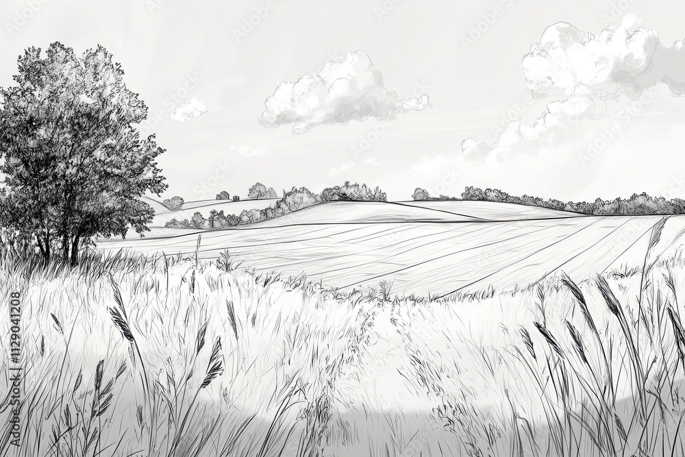 Poster sketch of a rolling landscape with fields and trees