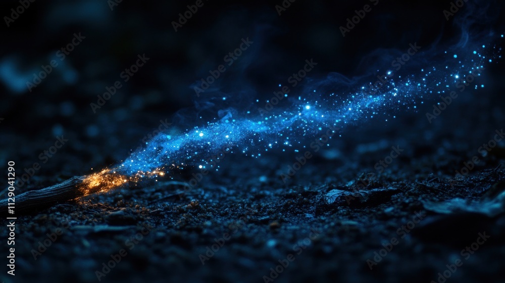 Poster a glowing spark emits a trail of blue particles, creating a magical, ethereal effect.