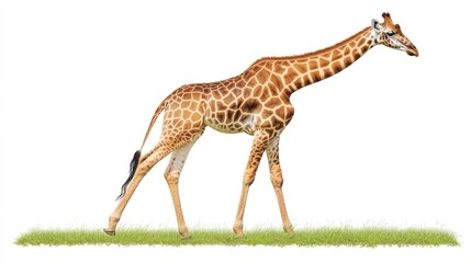 Naklejka premium Giraffe Walking on Grass Against White Background
