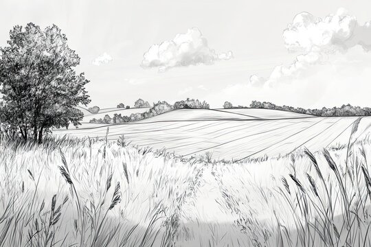 Sketch of a rolling landscape with fields and trees