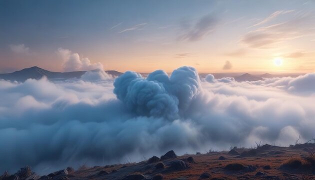Heart-shaped cloud of misty blue fog rolling across a desolate landscape , ominous, misty, haunting