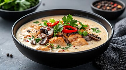 Glowing Presentation of Creamy Thai Chicken Soup with Vibrant Garnishes on Minimalist Backdrop