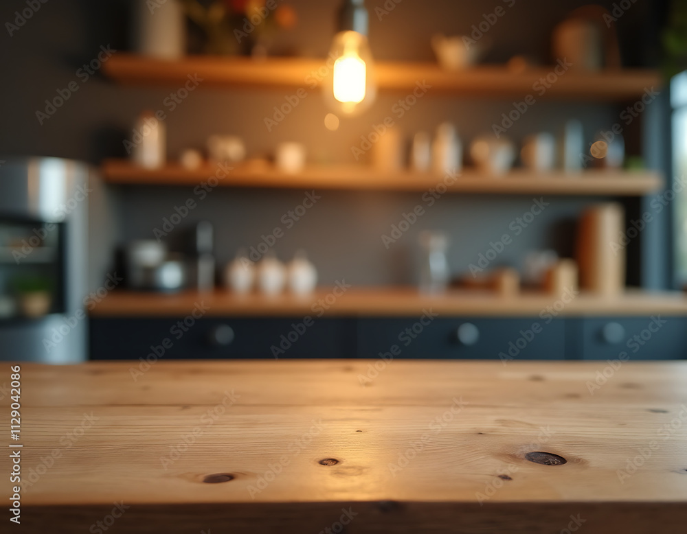 Poster A wood table top with a blurred counter backdrop features a light bulb, suitable for product display and design visuals._00002_