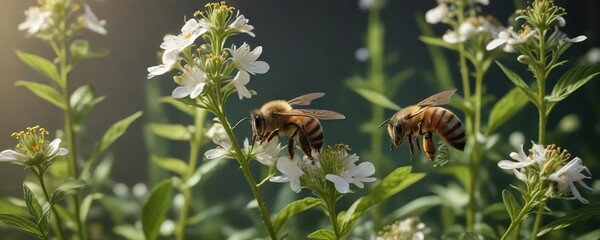 Honey bee collecting pollen from a fragrant herb with delicate leaves and flowers , outdoor, sunlight, insect