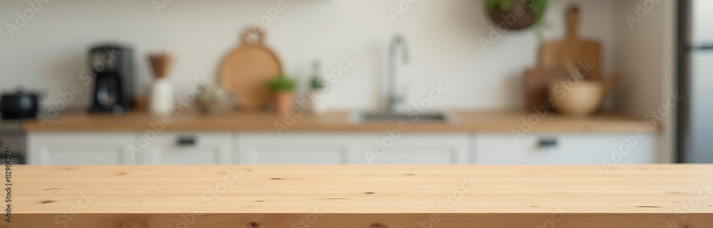 Poster a wood table top is set against a blurred kitchen counter background for a product display or design