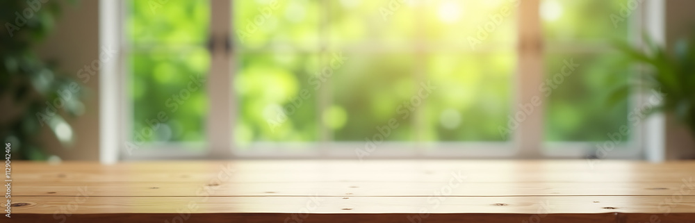Poster A wood table top is in focus while a large window with fresh green garden is blurred in the background._00002_