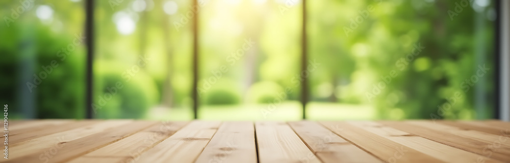 Poster a wood table top is in focus while a large window with fresh green garden is blurred in the backgrou