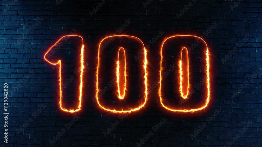 Aufkleber 100 text font with light. luminous and shimmering haze inside the letters of the text 100. 100 neon 