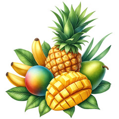 Tropical fresh exotic fruits clipart, pineapple, Banana, Apple, Mango clipart
