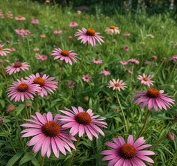 A group of echinacea flowers scattered across a grassy clearing , meadow flowers, natural beauty