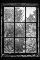 A Glimpse into the Enchanting Wilderness Through a Weathered Window