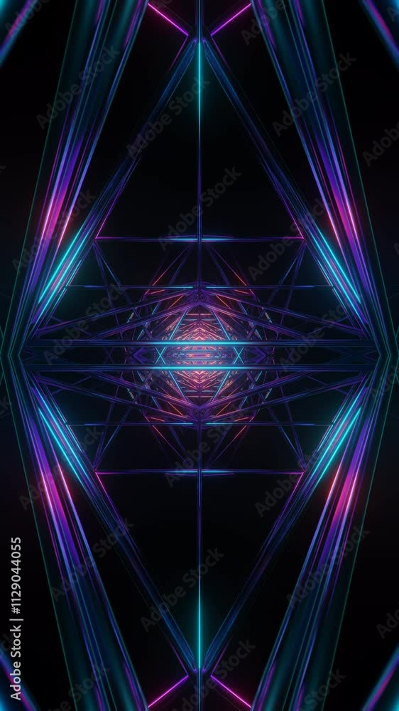 Poster vertical video of seamless vj loop of rotating neon light geometries