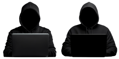 Hacker silhouette with laptops on transparency background, conveying mystery and intrigue