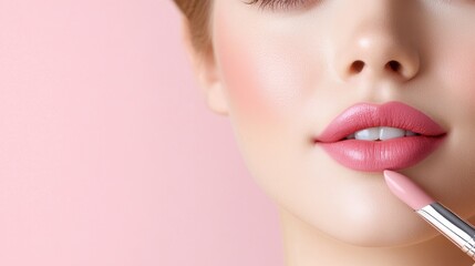 Elegant close-up of a professional makeup artist meticulously lining lips, set against a chic dressing table with illuminated vanity lights, luxurious products, and soft pastel tones.