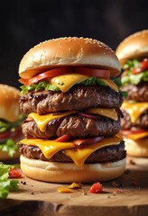 Juicy beef burger with melted cheese on toasted bun, food, beef burger