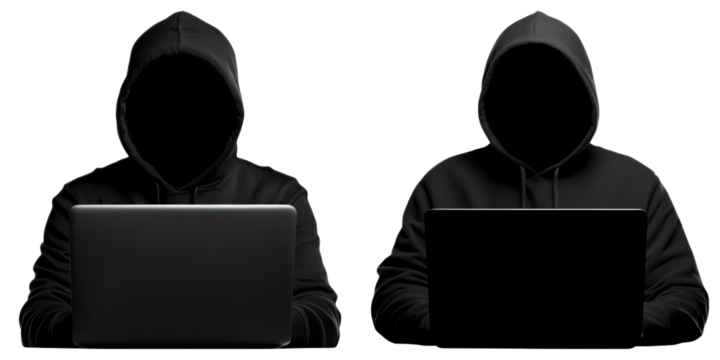 Hacker silhouette with laptops on transparency background, conveying mystery and intrigue