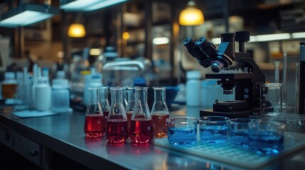 A laboratory setup with colorful liquids and a microscope for scientific experiments.