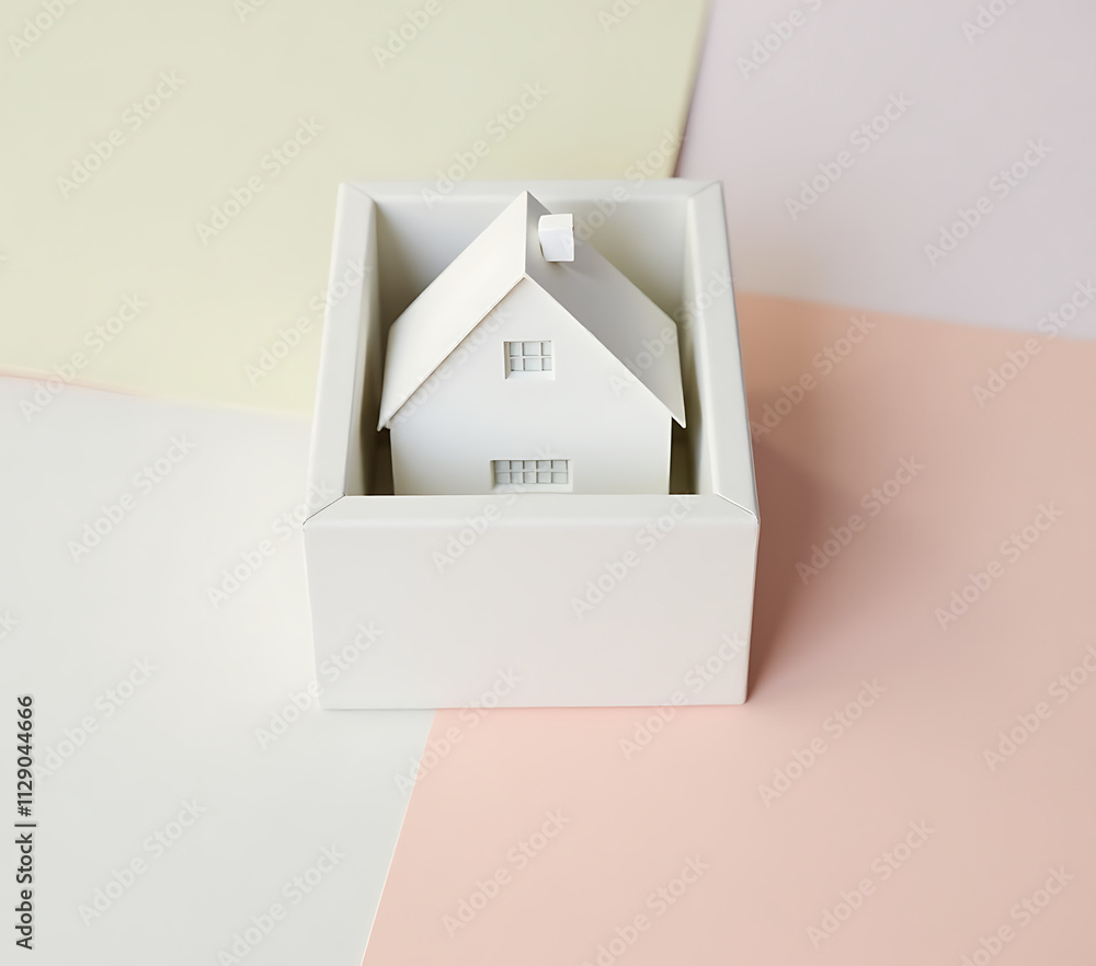 Poster a small white model house is nestled within a tiny box surrounded by soft pastel colors._00001_