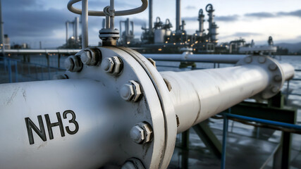 Industrial NH3 ammonia pipeline system at modern chemical processing facility. Close-up view of transportation infrastructure installation. Concept of alternative fuel and green energy transition