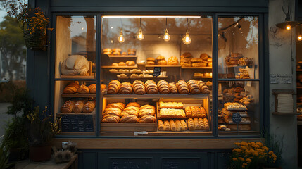Warmly lit bakery shop window display showcasing various breads and pastries.