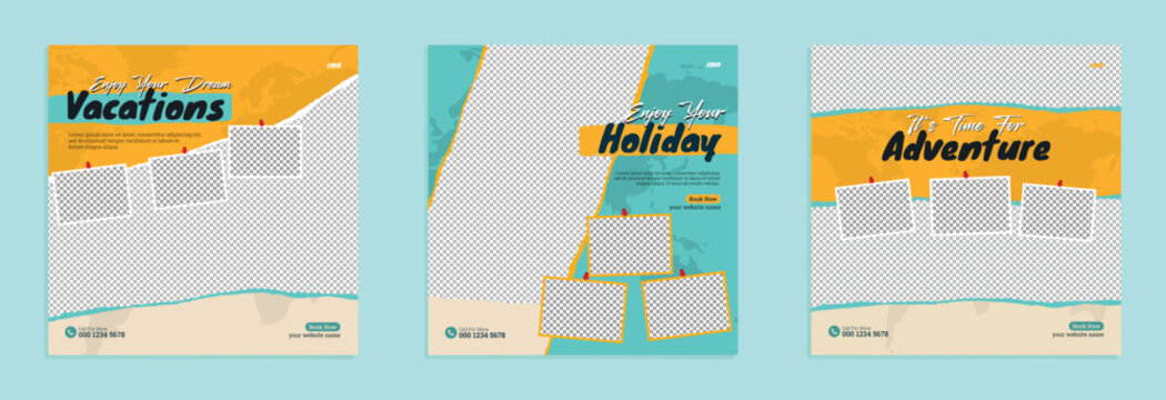 Set of travel business promotion web banner template design for social media. Travelling, tourism or summer holiday tour online marketing flyer, post or poster with abstract background and logo.