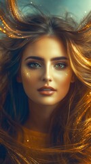Stunning young woman with flowing hair and shimmering skin illuminated by soft light in a dreamy setting