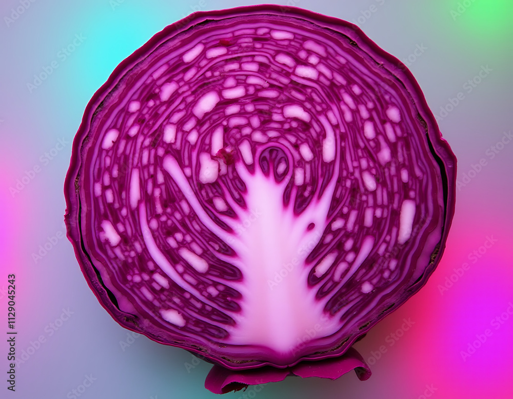 Poster A slice of fresh purple cabbage is placed on a colorful background for a vibrant and visually appealing image._00002_