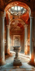 Intricate architectural details of a historic building with a central basin illuminated by natural light