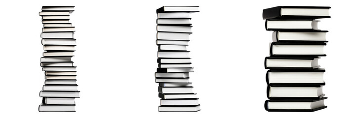 Stacks of textbooks in various orientations create striking silhouette