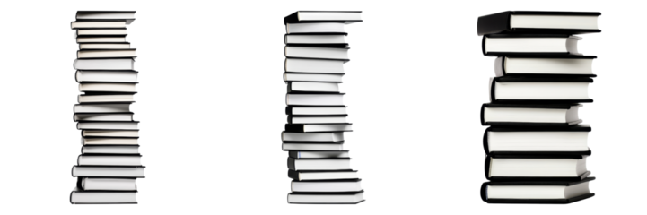 Stacks of textbooks in various orientations create striking silhouette