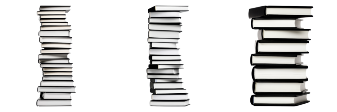 Stacks of textbooks in various orientations create striking silhouette