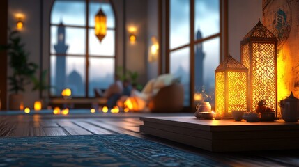 Serene Islamic home interior with lanterns, candles, and city mosque view at sunset.