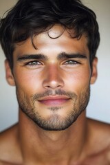 Obraz premium Handsome young man with striking features and confident expression enjoying a moment of stillness in natural light