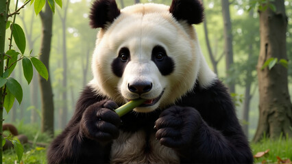 Fototapeta premium Cute panda eating bamboo in a lush forest environment