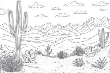 Naklejka premium Desert Landscape With Tall Cacti And Rolling Mountains