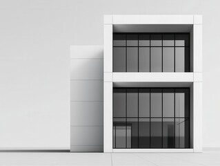 Obraz premium Grayscale rendering of minimalist office tower, detailed blueprint, futuristic urban design, ecofriendly construction