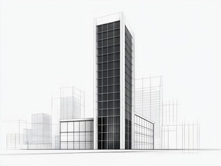 Clean and modern office blueprint, minimalist highrise design, intricate line work, urban skyline concept, grayscale precision