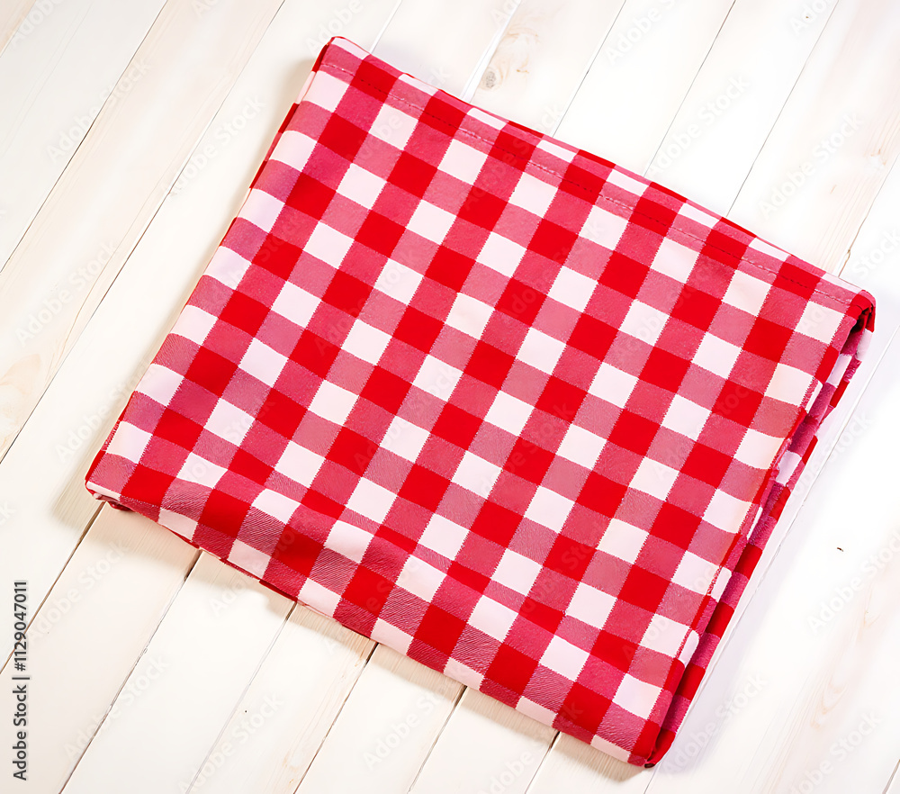 Poster A red checkered fabric is laid out on a white wooden tabletop for use as a decorative background and key visual element._00002_
