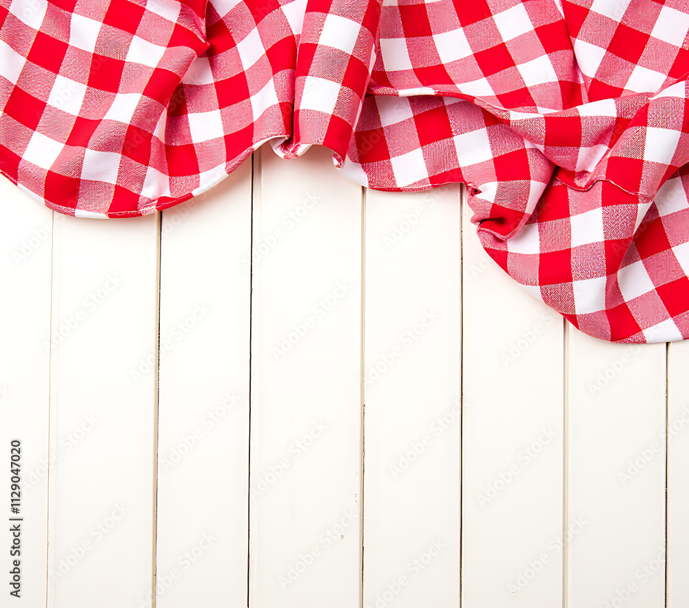 Poster A red checkered fabric is laid out on a white wooden tabletop for use as a decorative background and key visual element._00001_