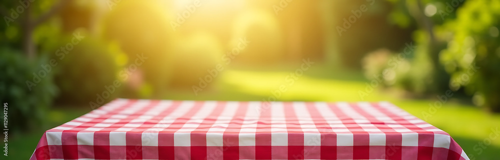 Aufkleber A red and white checked tablecloth in a garden setting with an abstract bokeh effect in the morning light._00002_