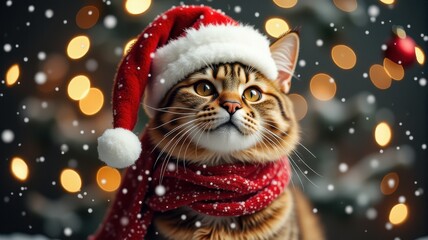 Cute cat wearing a Santa hat and scarf in a snowy winter scene with bokeh lights.

