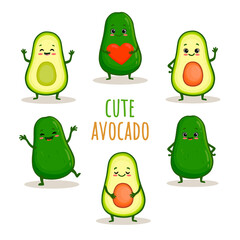 Fototapeta premium set of Cute cartoon avocado characters with emotions. Cute avocado with smile isolated on white background. Avocado in different poses. 