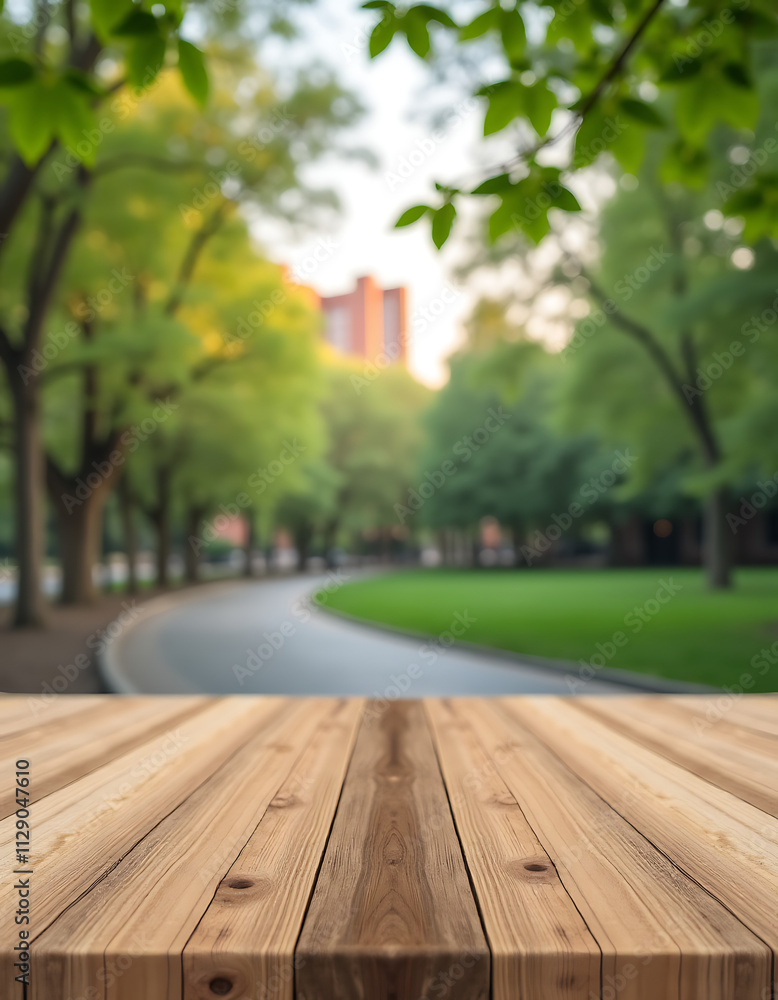 Poster a real wood tabletop with a blurred leafy tree pattern in the background of a park or cityscape and 