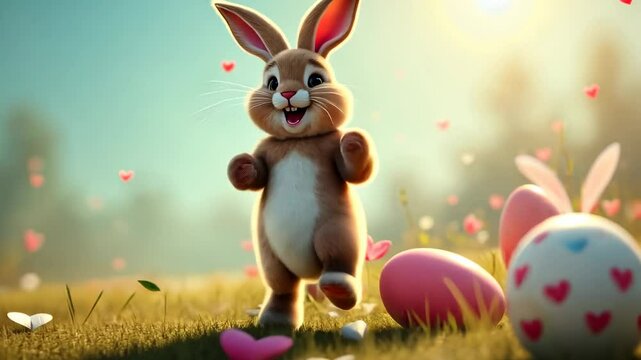 Happy bunny explores a colorful field with decorated eggs and blossoms during spring celebrations Easter