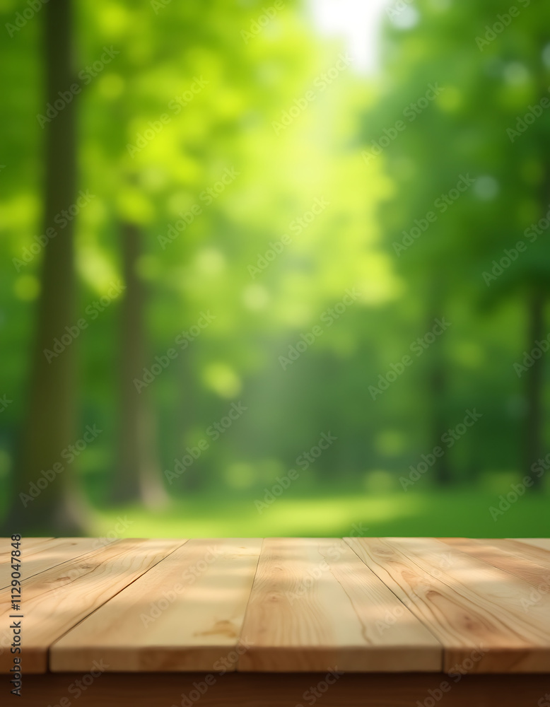 Aufkleber A real wood tabletop with a blurred leaf tree garden background is ideal for creating a unique product display design visual._00001_