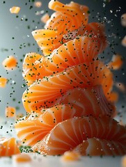 Fototapeta premium Salmon slices arranged in a spiraling tower with herbs creating an artistic culinary presentation in a bright kitchen environment