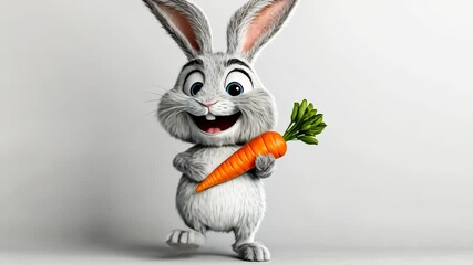 Happy easter bunny posing with a carrot on a white background