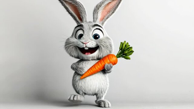 Happy easter bunny posing with a carrot on a white background