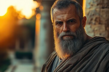 Fototapeta premium Portrait of an ancient Greek philosopher in robes with a thoughtful expression by a stone column at golden hour.